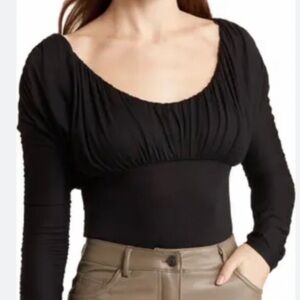 NWOT Elodie Women's Top Black Ruched Long Sleeves Bodysuit Blouse Size XS